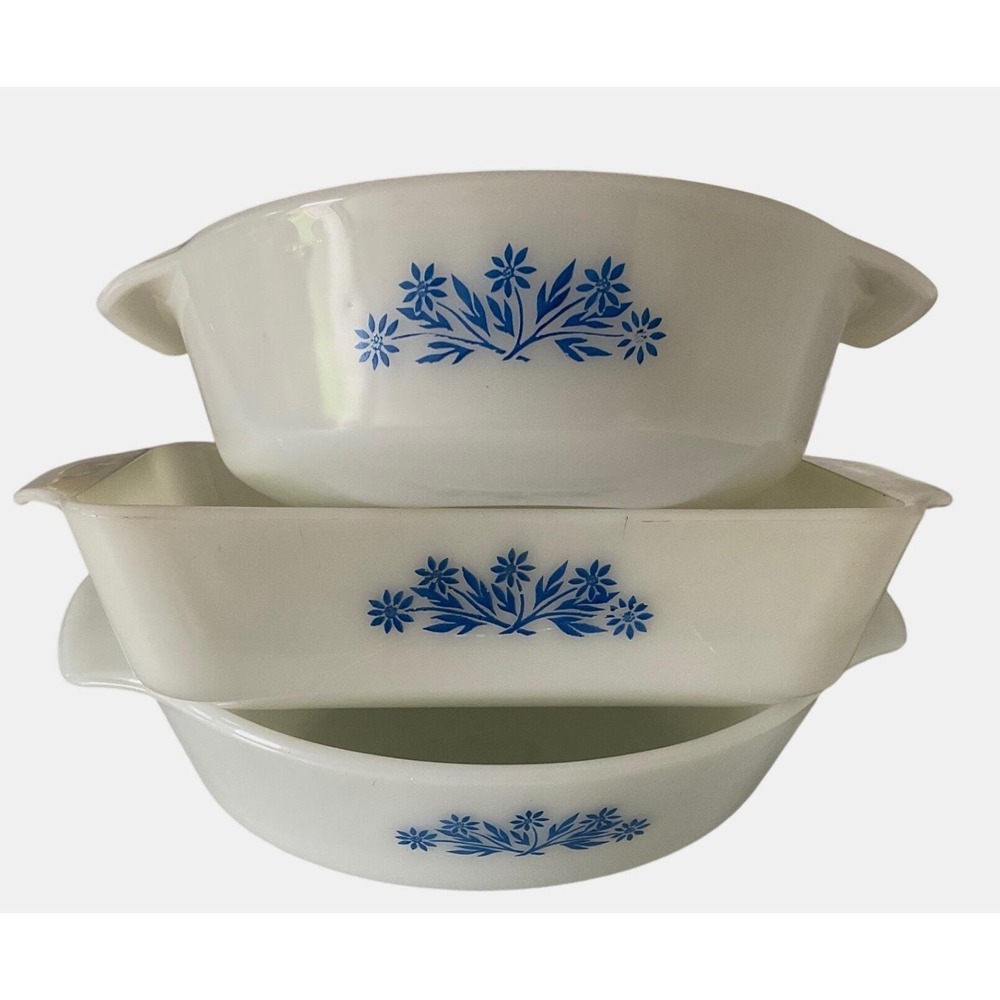 Vintage Fire-King Anchor Hocking Blue Cornflower Milk Glass Casserole Loaf Set 3